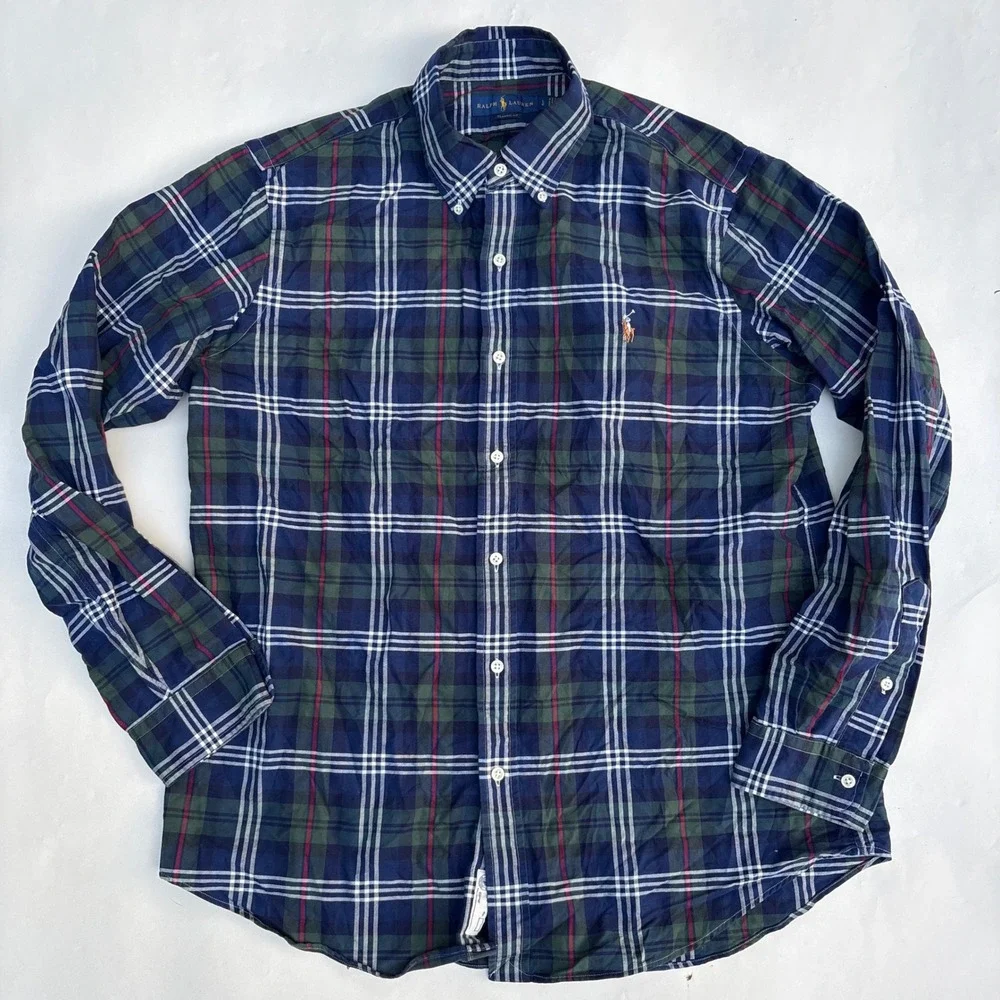 Ralph Lauren Mens Classic Fit Plaid Button Down Shirt Blue Green Large L